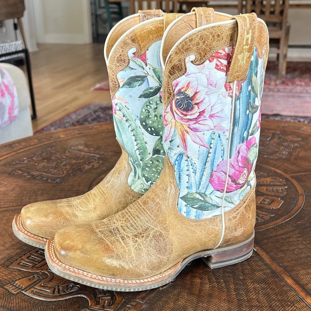 Tin Haul Tan Leather Cowboy Boots with bright floral pattern - Picture 1 of 12